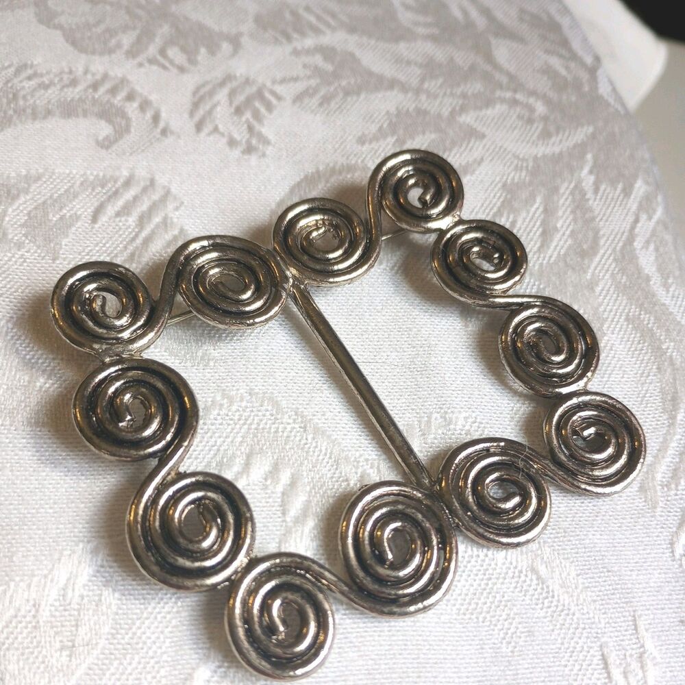 Vintage Silvertone Thin swirl waves large square Open Brooch Scarf minder Pin